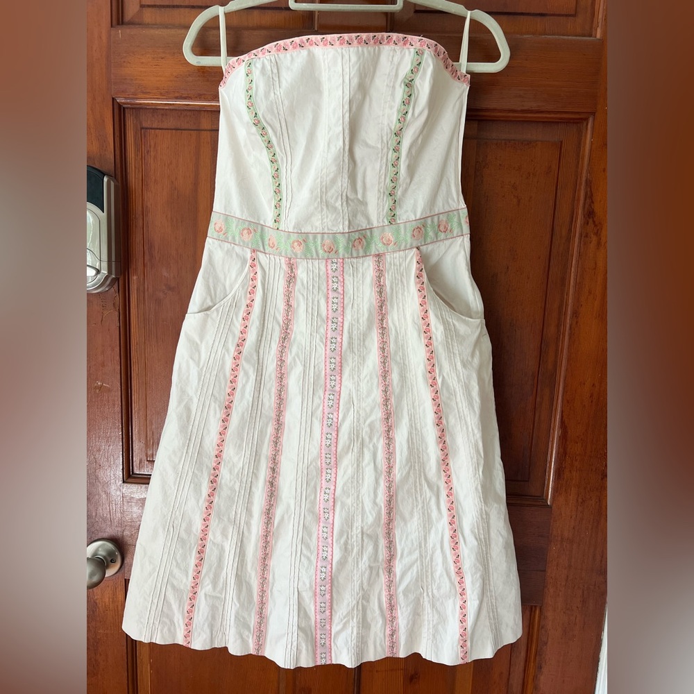 Cottagecore Floral Ribbon Dress Women’s S XS Cream Pink Strapless Mini Coquette